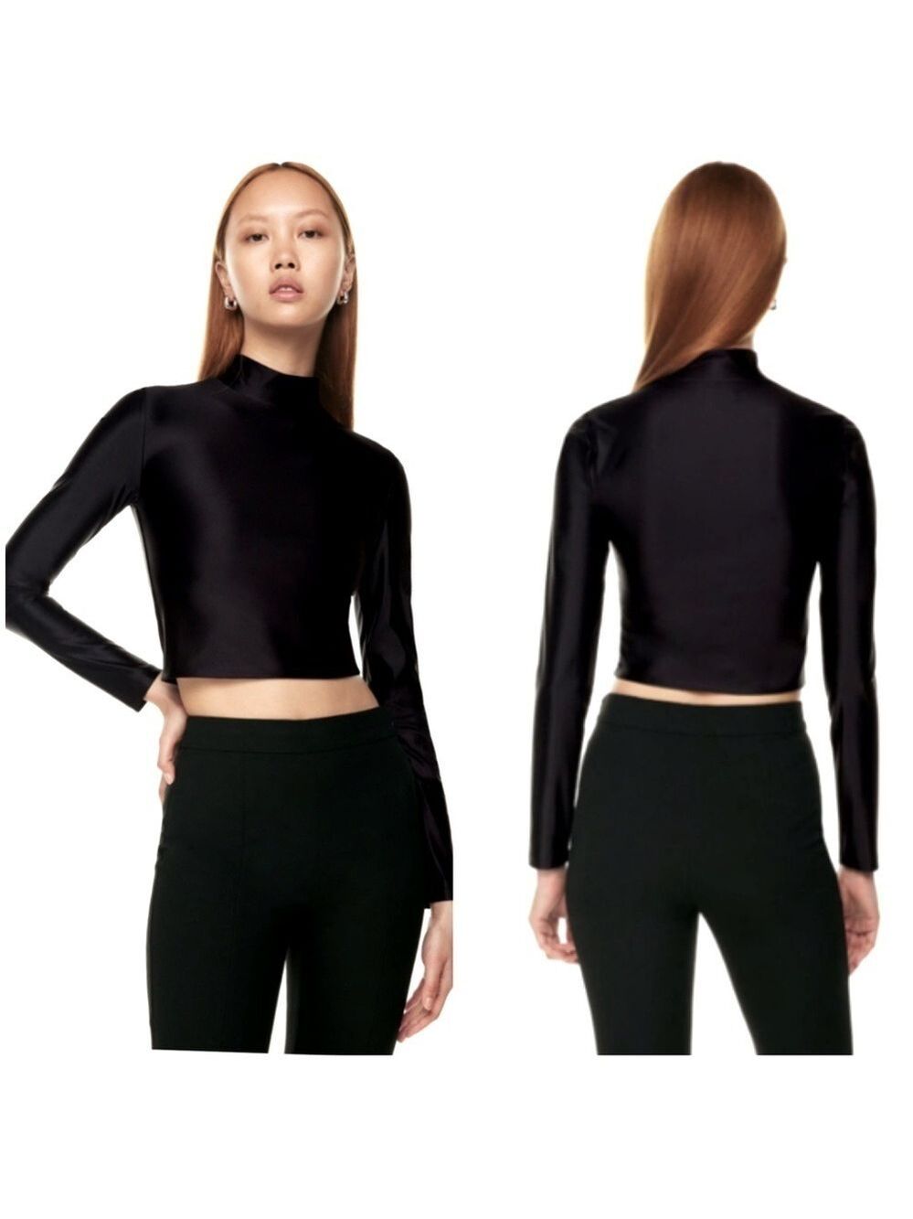 Aritzia Babaton Satinette Mockneck Long sleeve Top Cropped in Black Size Small